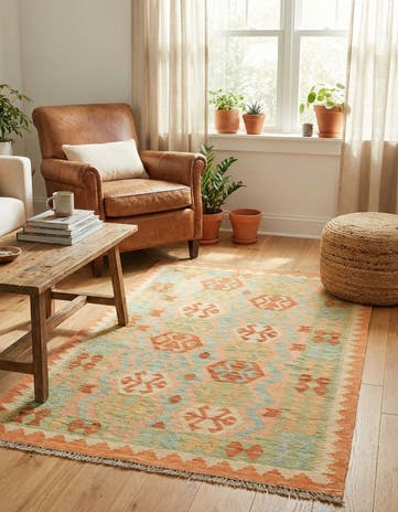 3' 2 x 4' 10 Hand Woven Kilim Waziri Wool Rug