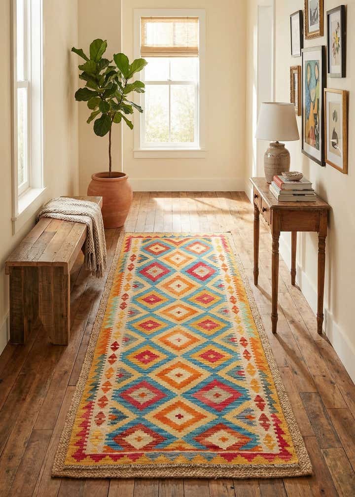 3' 2 x 6' 6 Hand Woven Kilim Maymana Wool Runner Rug