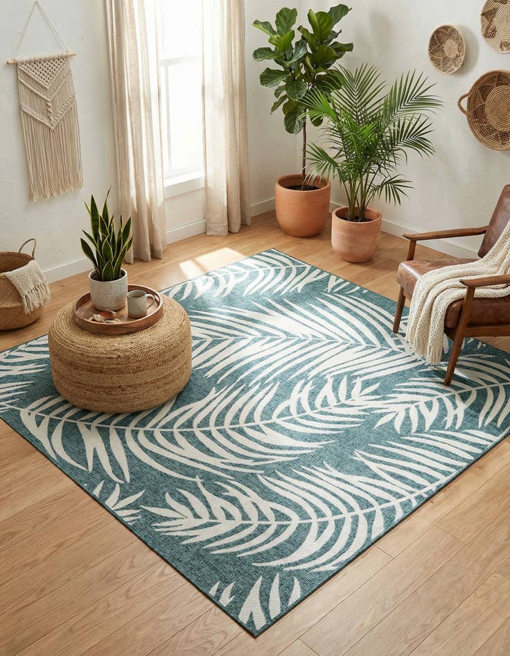 Detail image of 7' 10 x 7' 10  Washable Botanical Indoor / Outdoor Square Rug