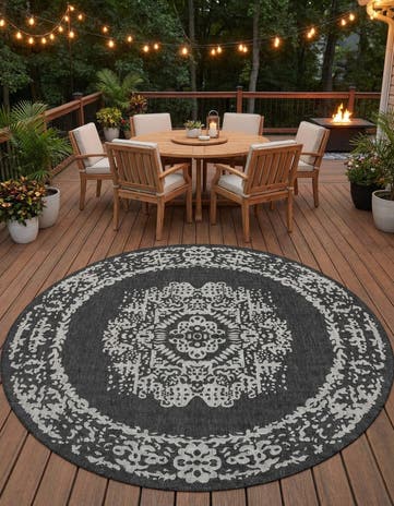 Charcoal Gray Easy-Clean Traditional Indoor / Outdoor Round Rug