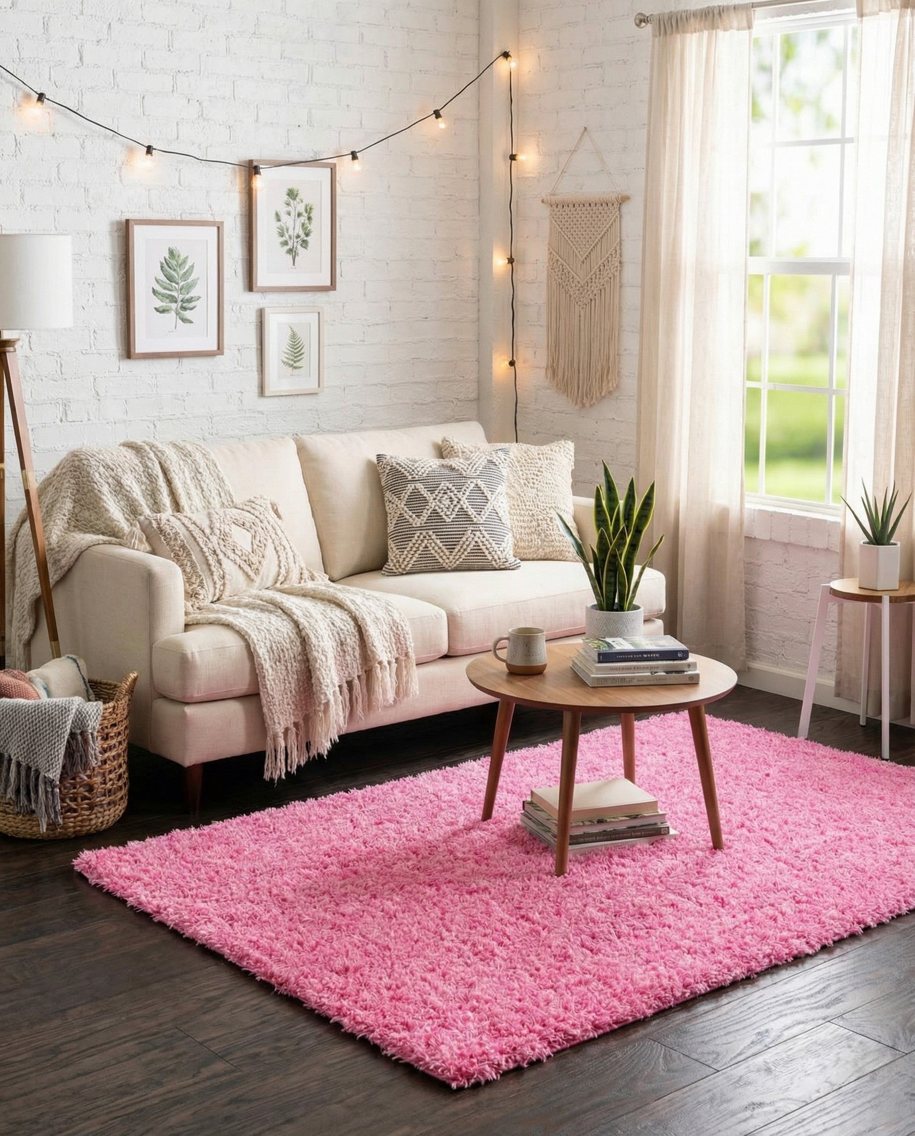 A vibrant 3x5 rectangular pink shag rug, made from polypropylene, offering a soft, textured pile.