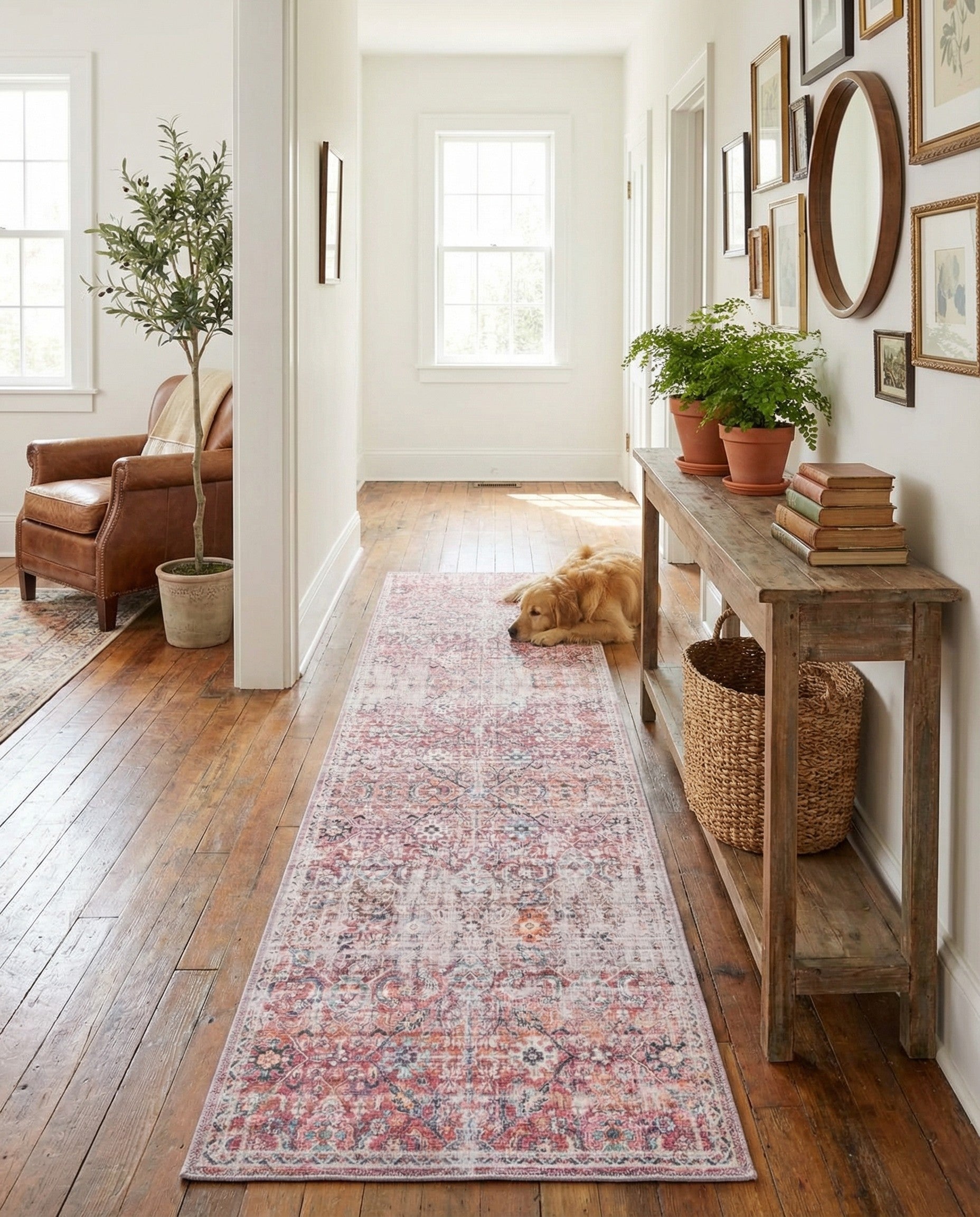 Ivory and Pink Washable Nostalgia Runner Rug