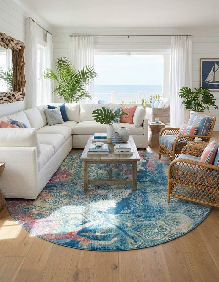 Detail image of 10' x 10'  Washable Coastal Indoor / Outdoor Round Rug