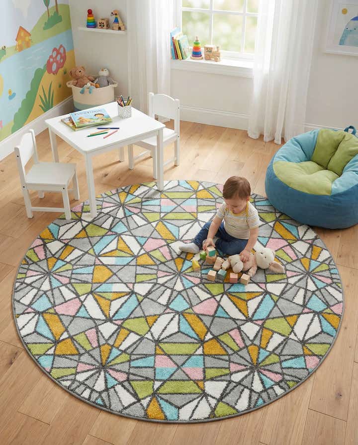 5' 1 x 5' 1 Stained Glass Whimsy Kids Round Rug