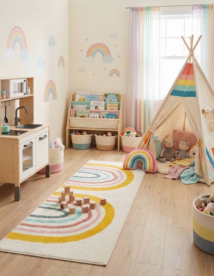 Detail image of 2' 2 x 6' Rainbow Whimsy Kids Runner Rug