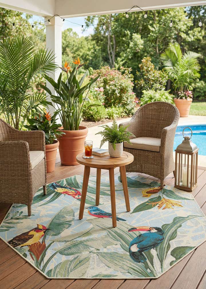5' 3 x 5' 3 Easy-Clean Botanical Indoor / Outdoor Octagon Rug