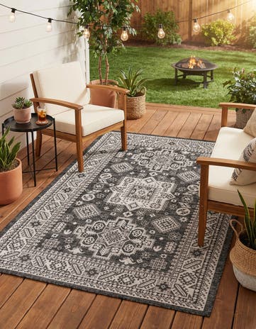 Charcoal Gray Easy-Clean Aztec Indoor / Outdoor Rug