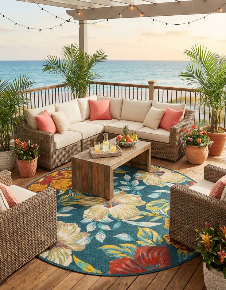 Detail image of 10' x 10'  Washable Coastal Indoor / Outdoor Round Rug