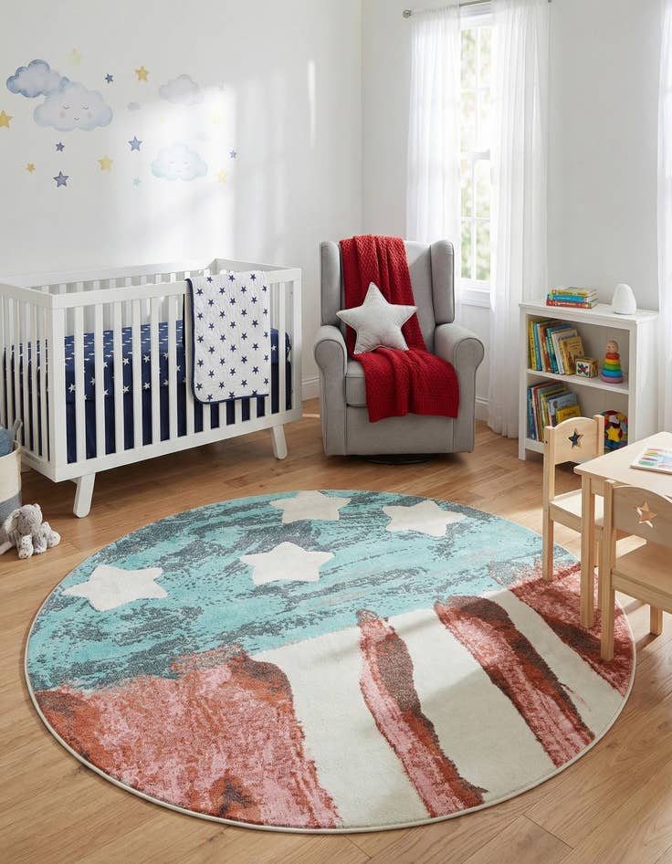 Detail image of 7' 10 x 7' 10 American Flag Whimsy Kids Round Rug
