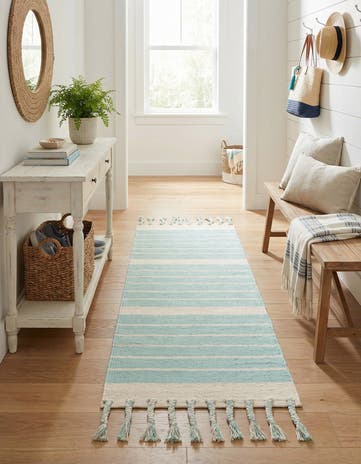 Aqua and White Hand Woven Chindi Cotton Runner Rug