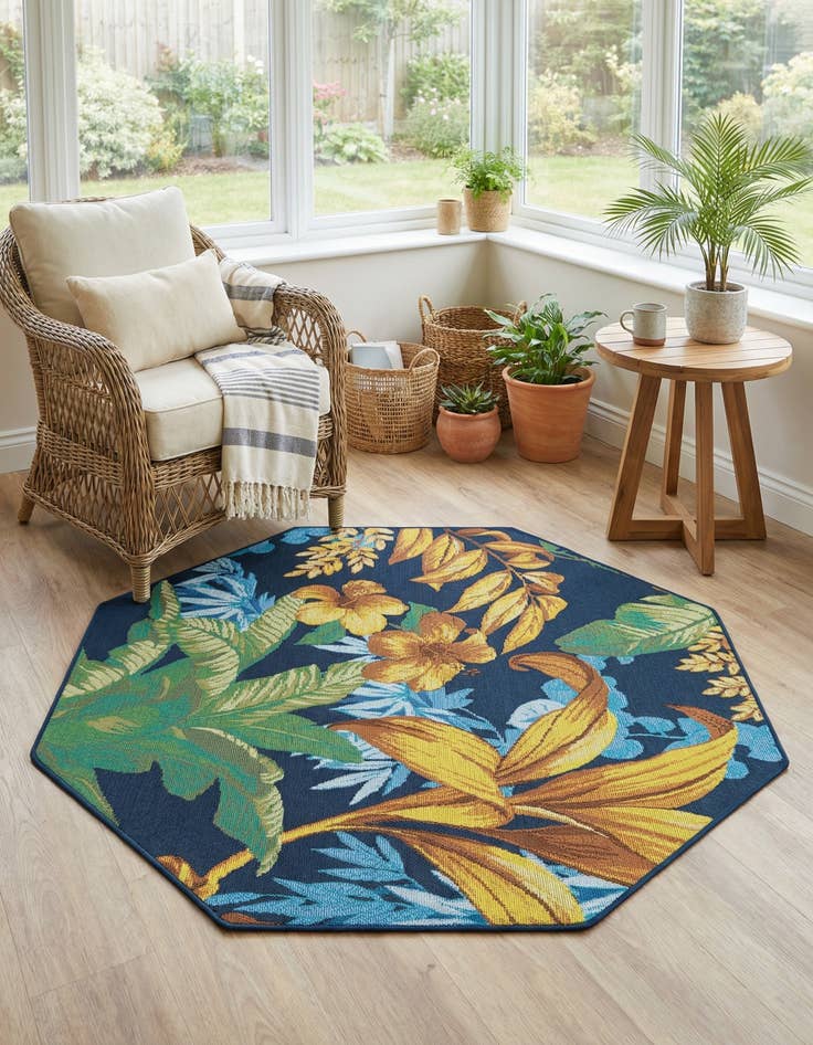 Detail image of  4' x 4'  Washable Botanical Indoor / Outdoor Octagon Rug