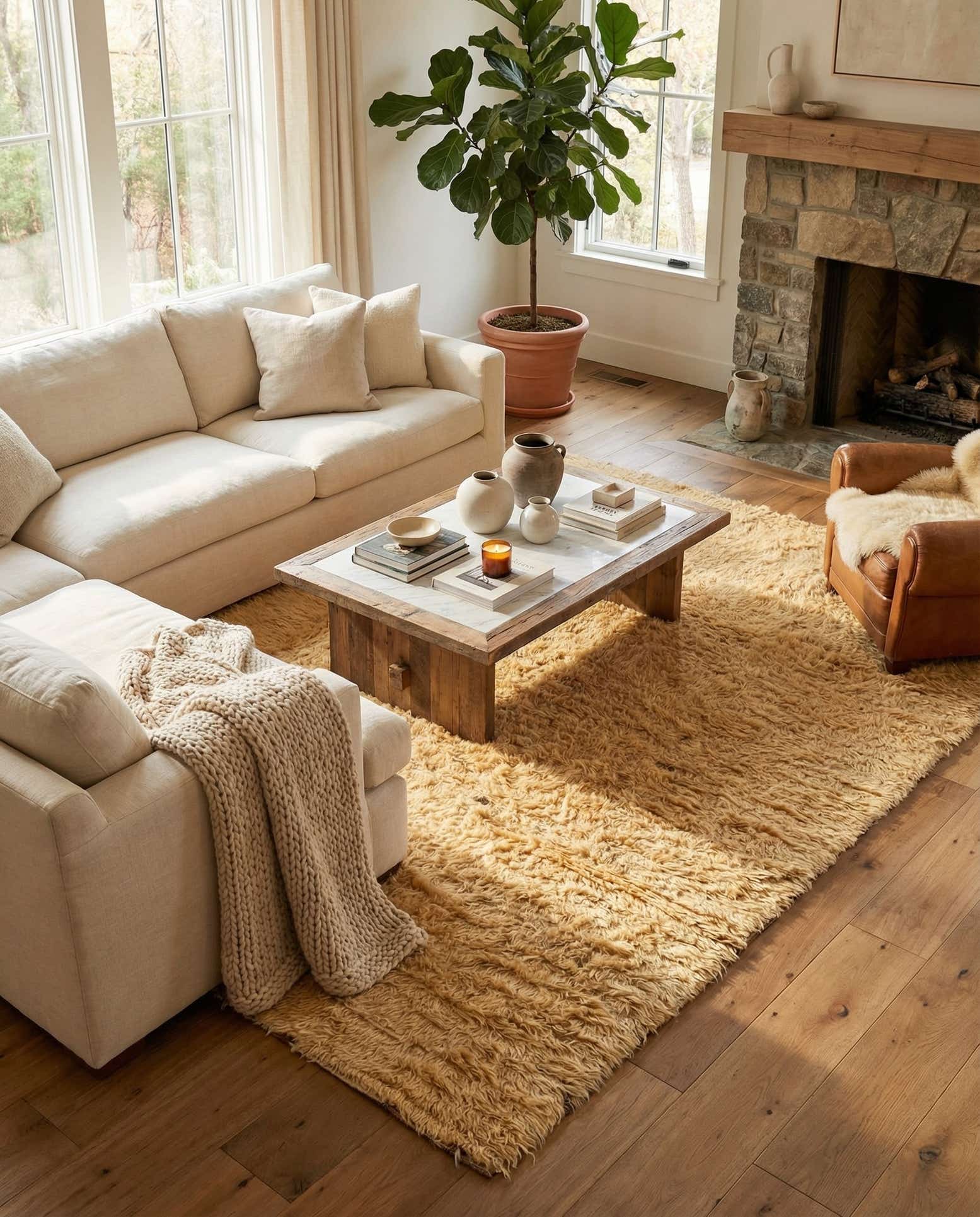 6' 7 x 9' 7 Hand Knotted Solid Shag Wool Rug