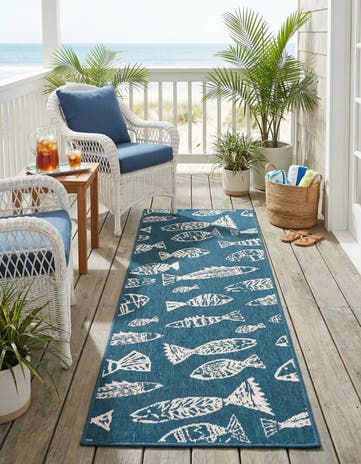 Blue Easy-Clean Coastal Indoor / Outdoor Runner Rug