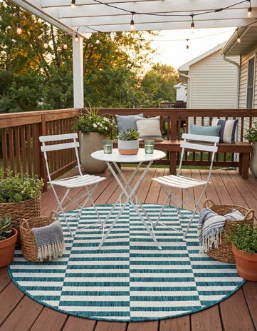 Teal Easy-Clean Ribbon Indoor / Outdoor Round Rug