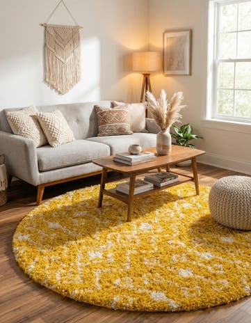 Yellow Moroccan Trellis Shag Round Rug