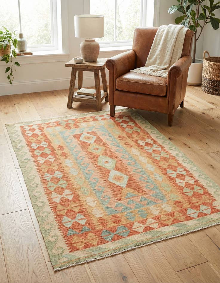 Detail image of 3' 4 x 4' 9  Hand Woven Kilim Waziri Wool Rug