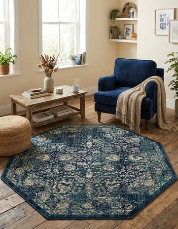 Navy Blue Dahlia Octagon Rug
