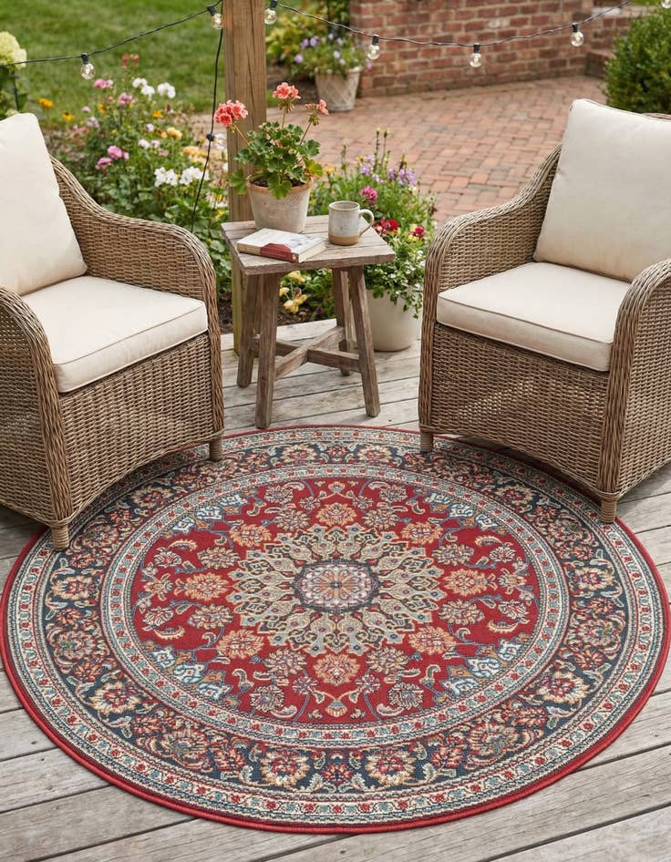 Detail image of 4' 1 x 4' 1  Washable Traditional Indoor / Outdoor Round Rug