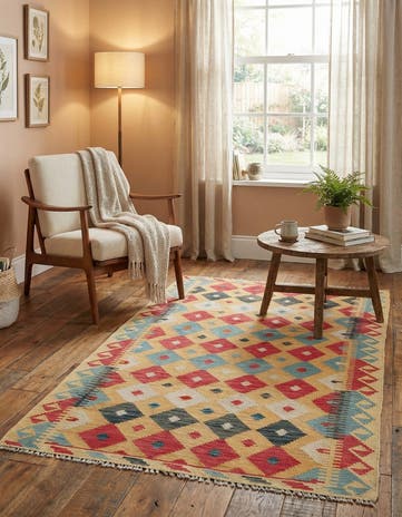3' 6 x 6' 8 Hand Woven Kilim Maymana Wool Rug