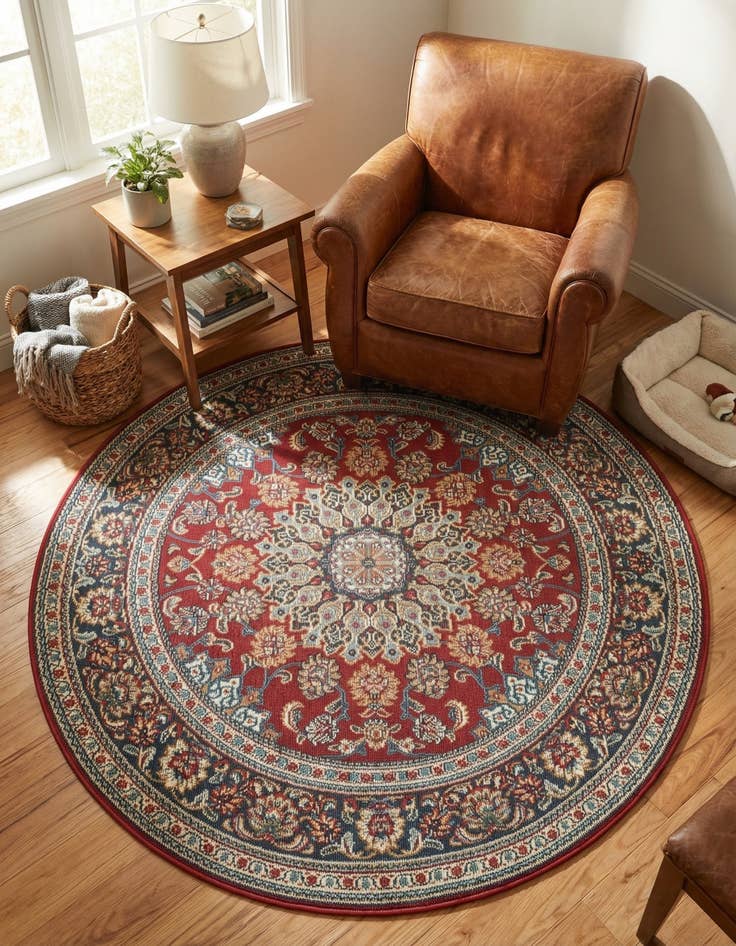Detail image of 4' 1 x 4' 1  Washable Traditional Indoor / Outdoor Round Rug