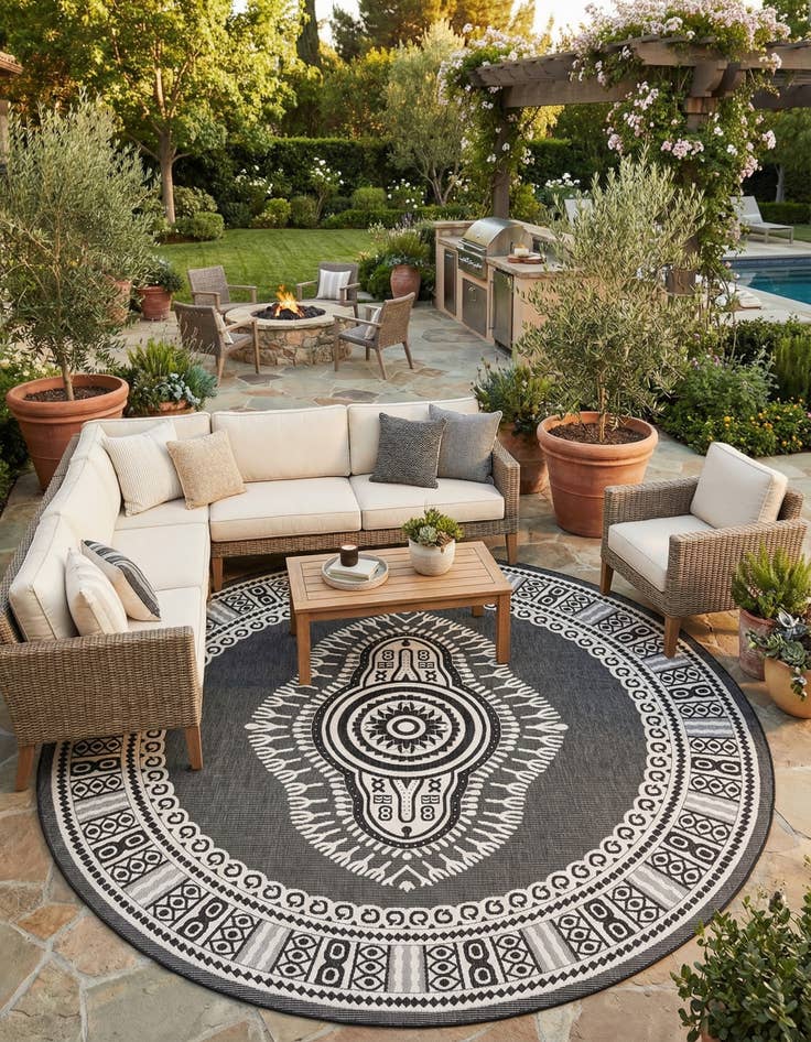 Detail image of 12' x 12'  Washable Traditional Indoor / Outdoor Round Rug