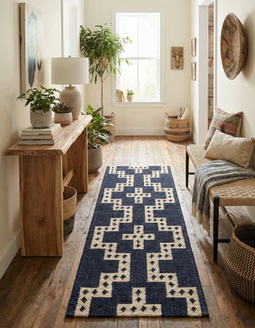Navy and White Hand Woven Kilim Wool Runner Rug