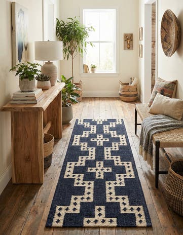 Navy and White Hand Woven Kilim Wool Runner Rug