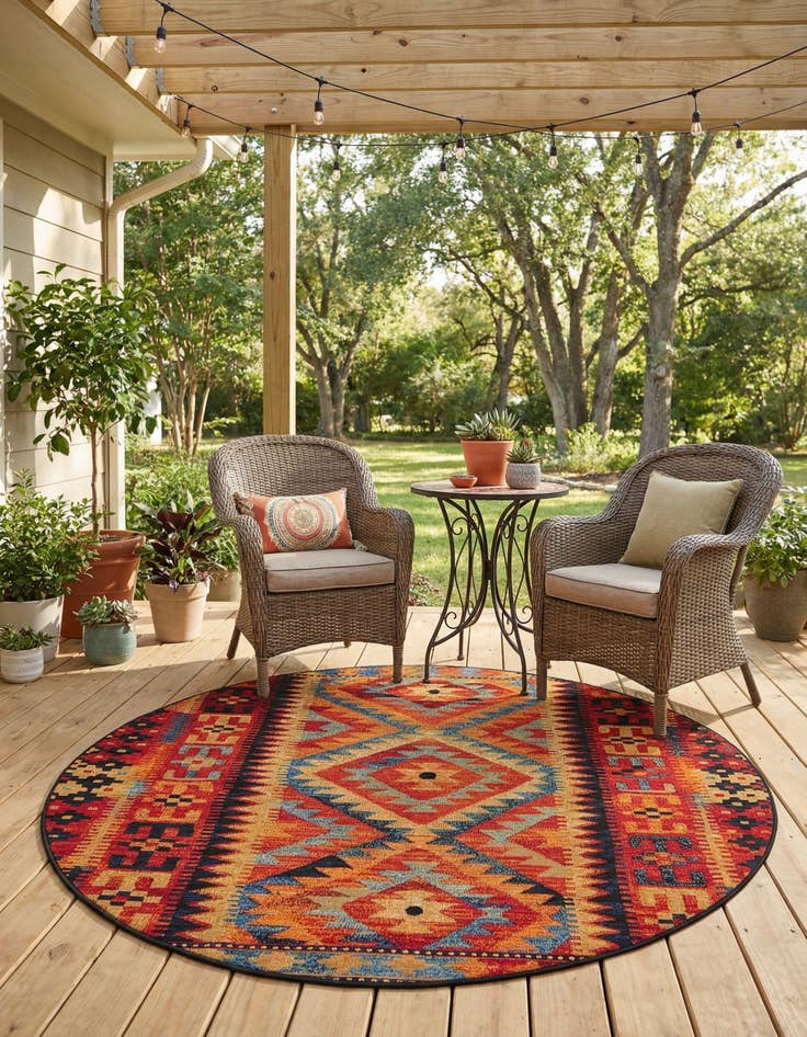 Detail image of 5' x 5' Easy-Clean Tribal Indoor / Outdoor Round Rug