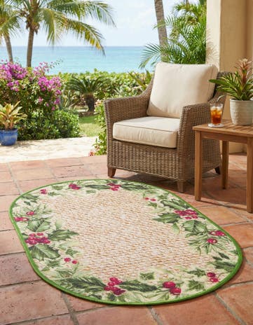 Beige and Green Easy-Clean Jill Zarin Caribbean Indoor / Outdoor Oval Rug