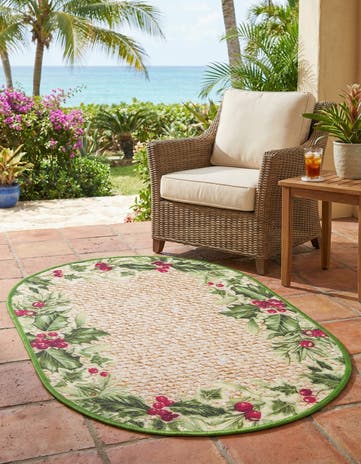 Beige and Green Easy-Clean Jill Zarin Caribbean Indoor / Outdoor Oval Rug