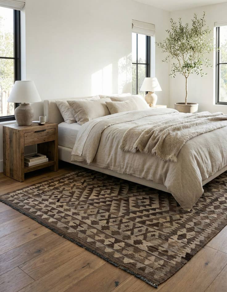 Detail image of  4' 6 x 6' 3  Hand Woven Kilim Maymana Wool Rug