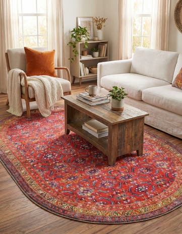 Red Washable Timeless Oval Rug