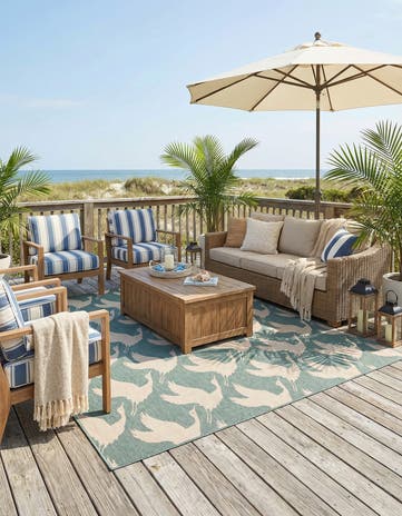 Stone Blue Easy-Clean Coastal Indoor / Outdoor Square Rug