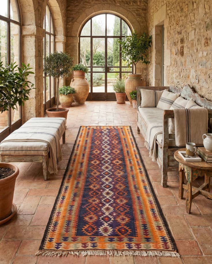 Detail image of 4' 4 x 10' 6 Hand Woven Kilim Fars Wool Runner Rug