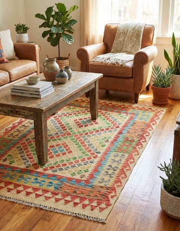 3' 4 x 4' 10 Hand Woven Kilim Maymana Wool Rug