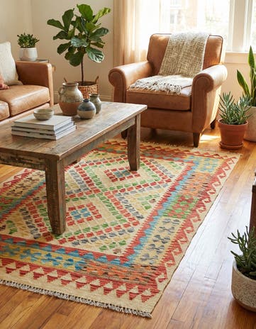 3' 4 x 4' 10 Hand Woven Kilim Maymana Wool Rug