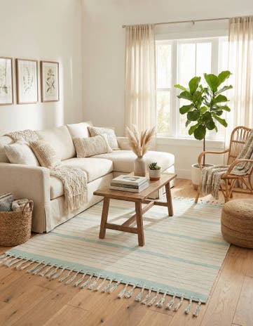 White and Aqua Hand Woven Chindi Cotton Square Rug