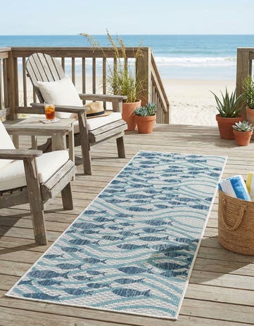 Blue Easy-Clean Coastal Indoor / Outdoor Runner Rug