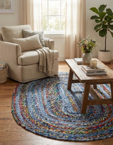 Blue and Multi Handmade Braided Chindi Oval Rug