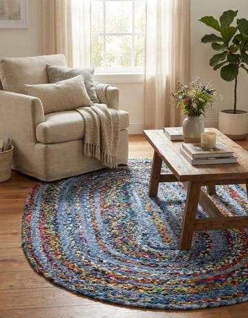 Blue and Multi Handmade Braided Chindi Oval Rug