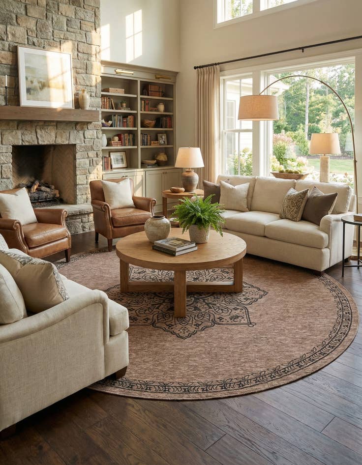 Detail image of 12' x 12'  Washable Traditional Indoor / Outdoor Round Rug