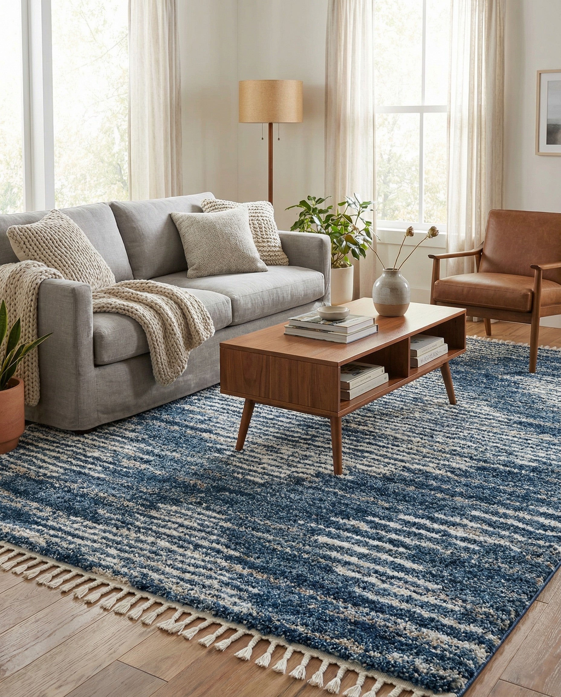 A 9x12 rectangular Serenity Shag rug in various shades of blue with a textured, modern industrial pattern and white fringe.