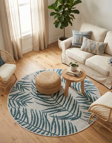 Teal Ivory Easy-Clean Botanical Indoor / Outdoor Round Rug