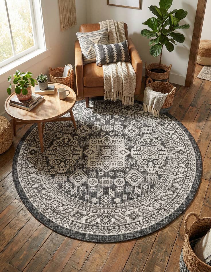 Detail image of 5' 3 x 5' 3  Washable Aztec Indoor / Outdoor Round Rug