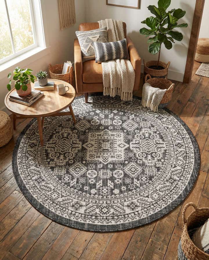 5' 3 x 5' 3 Easy-Clean Aztec Indoor / Outdoor Round Rug