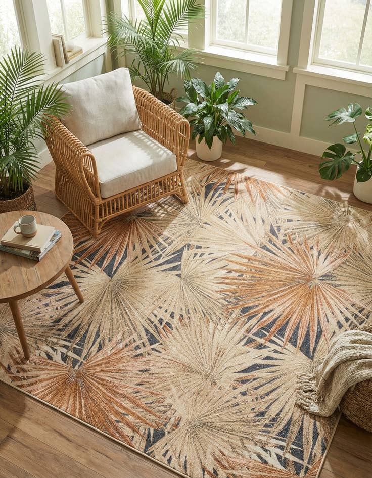 Detail image of 10' x 10'  Washable Botanical Indoor / Outdoor Square Rug