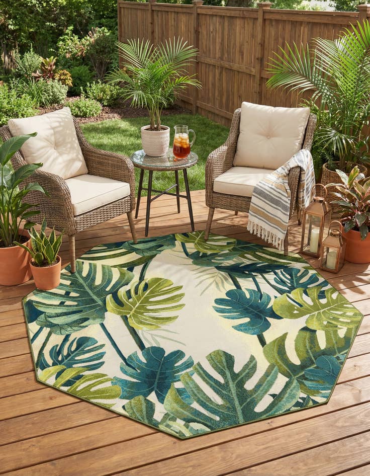 Detail image of 7' 10 x 7' 10  Washable Botanical Indoor / Outdoor Octagon Rug