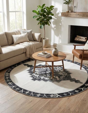 Black and White Washable Timeless Round Rug