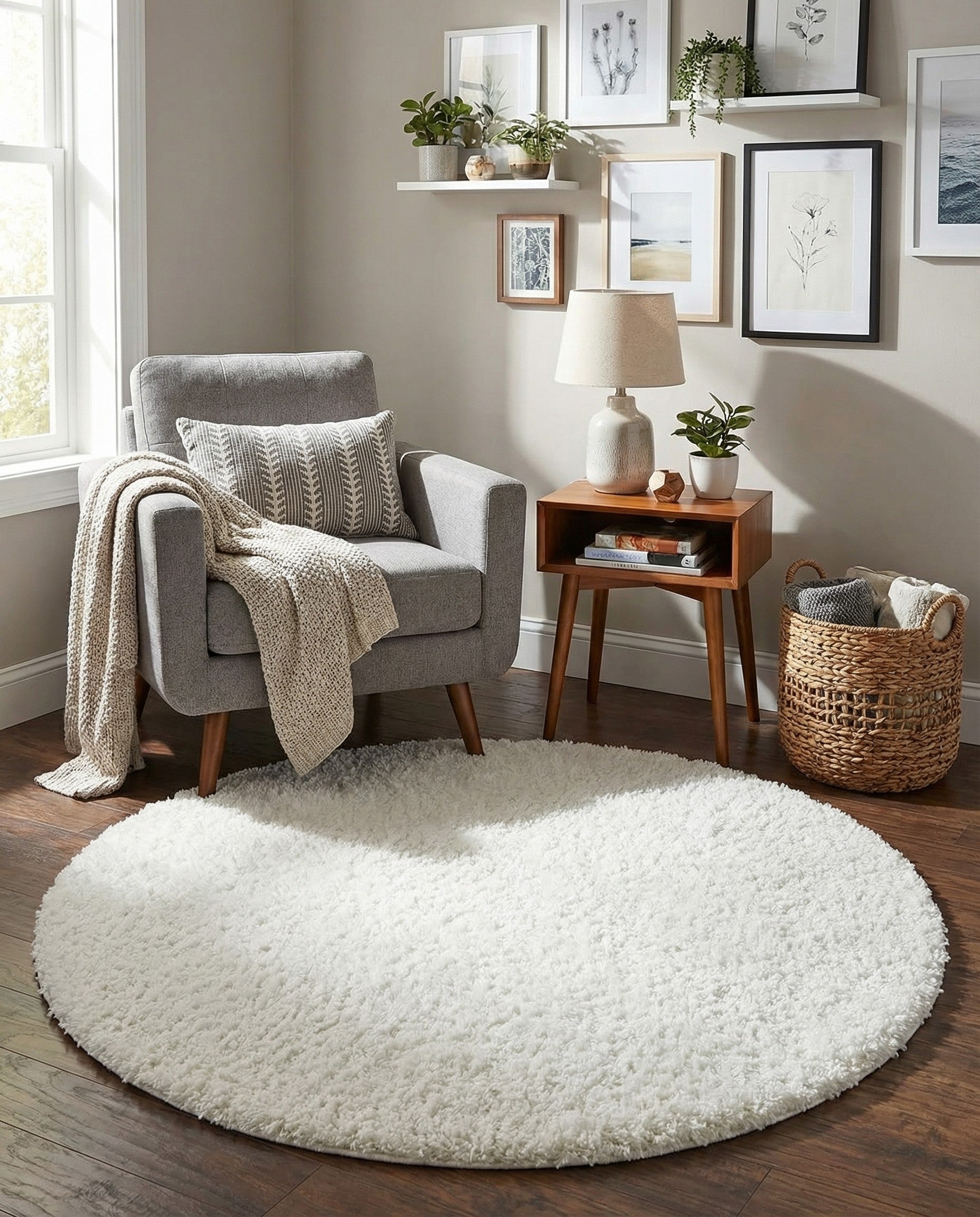 A soft, round 3' 3" x 3' 3" white shag rug, made from polypropylene, ideal for adding cozy texture to any indoor space.