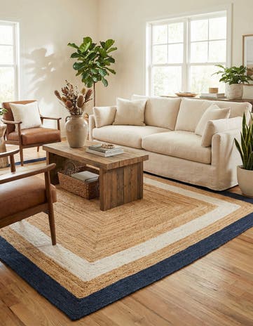 Navy Blue White Natural Handmade Braided Jute Rug